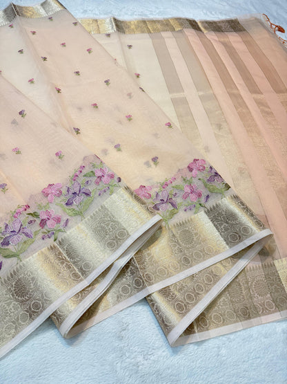Peach Cotton Kota Designer Embroidery Premium Banarasi Saree