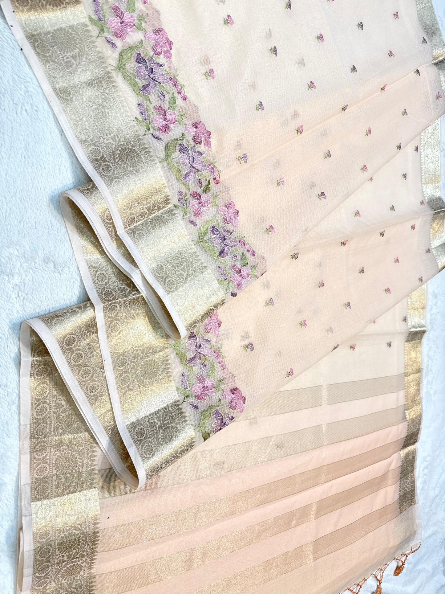 Peach Cotton Kota Designer Embroidery Premium Banarasi Saree