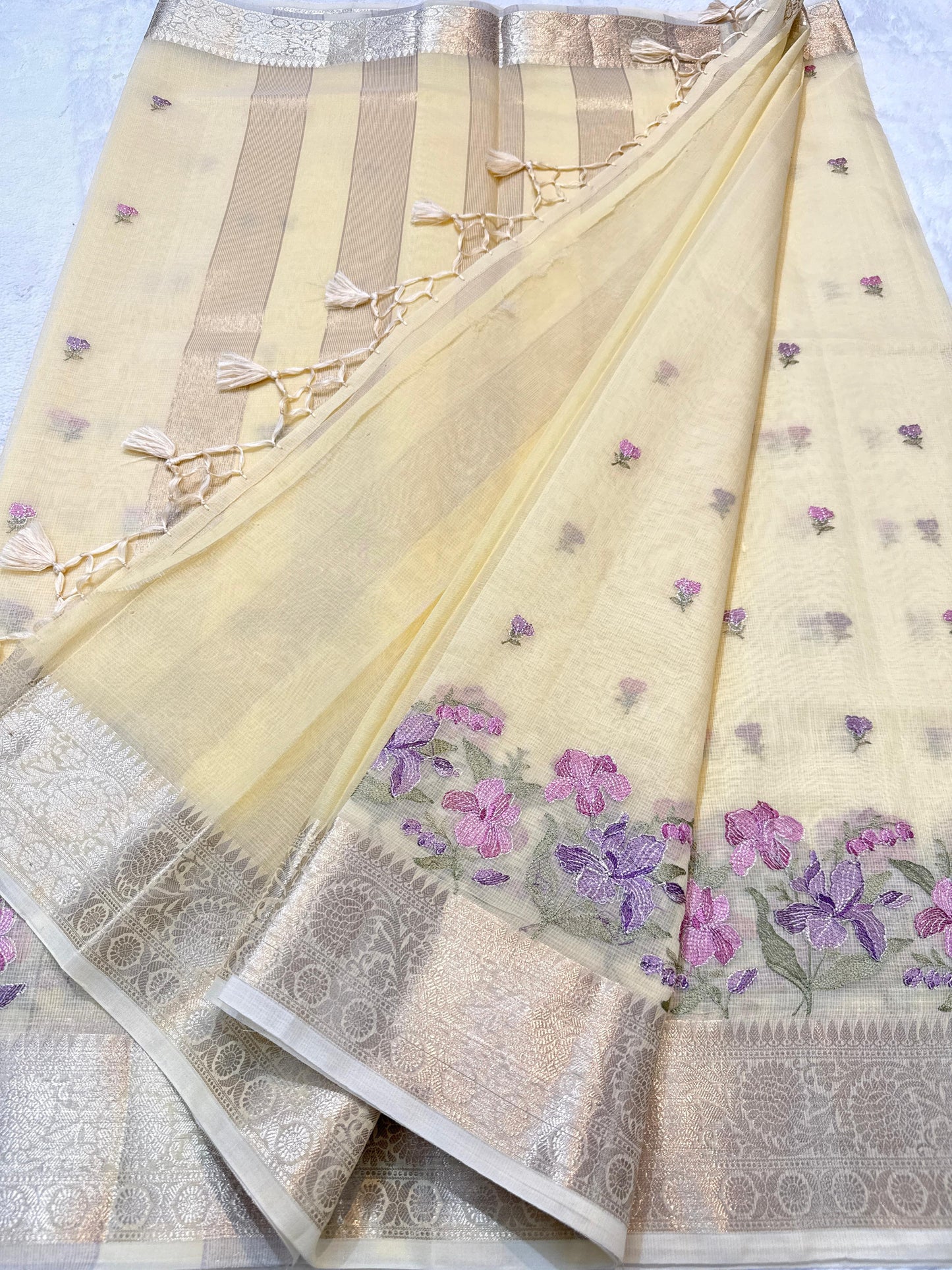 Gold Cotton Kota Designer Embroidery Premium Banarasi Saree