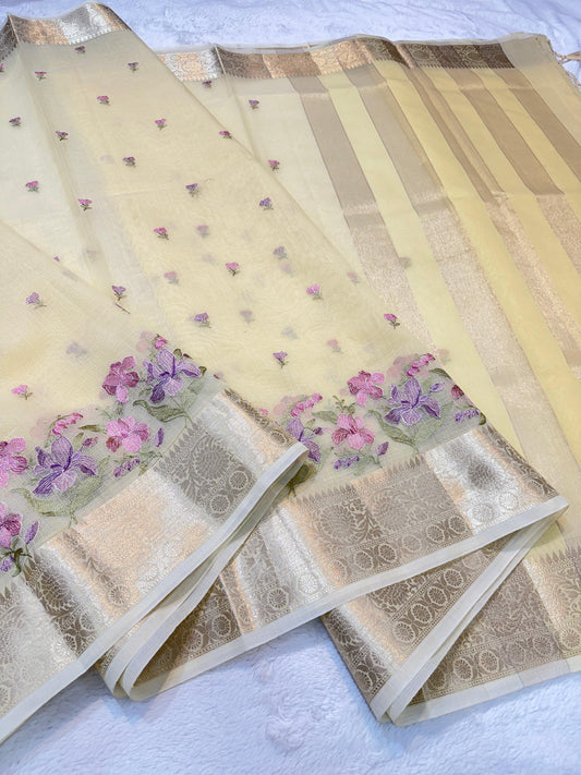 Gold Cotton Kota Designer Embroidery Premium Banarasi Saree