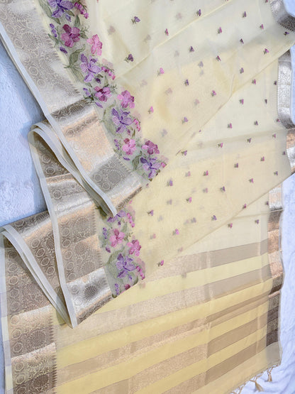 Gold Cotton Kota Designer Embroidery Premium Banarasi Saree