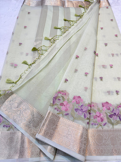 Pista Green Cotton Kota Designer Embroidery Premium Banarasi Saree