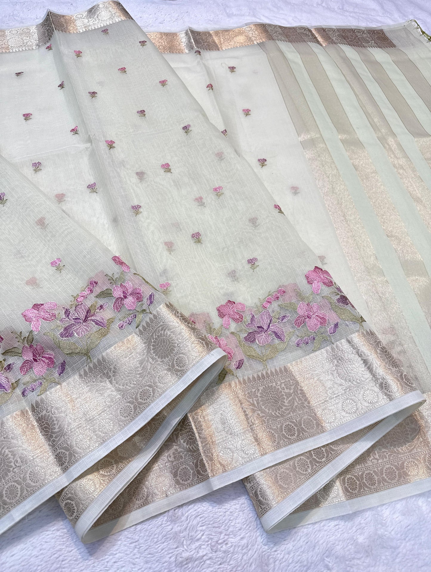 Pista Green Cotton Kota Designer Embroidery Premium Banarasi Saree