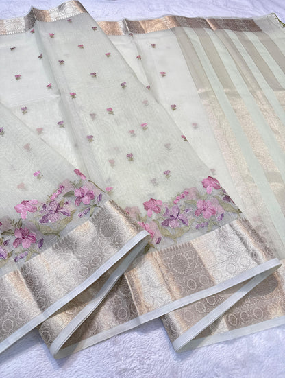 Pista Green Cotton Kota Designer Embroidery Premium Banarasi Saree