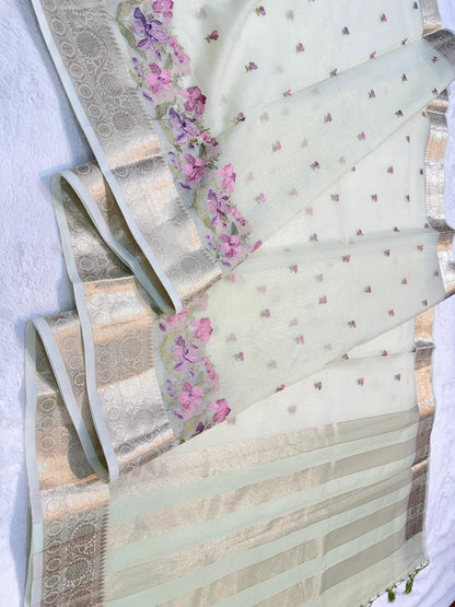 Pista Green Cotton Kota Designer Embroidery Premium Banarasi Saree