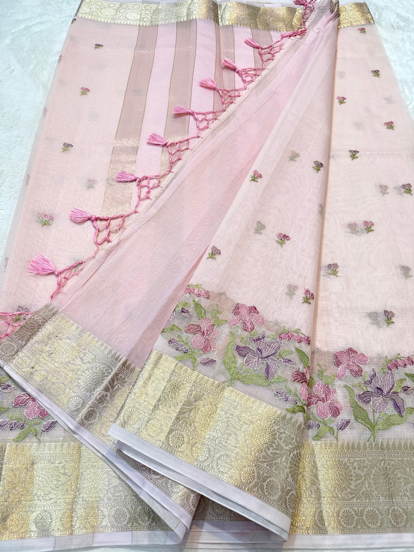 Pink Cotton Kota Designer Embroidery Premium Banarasi Saree