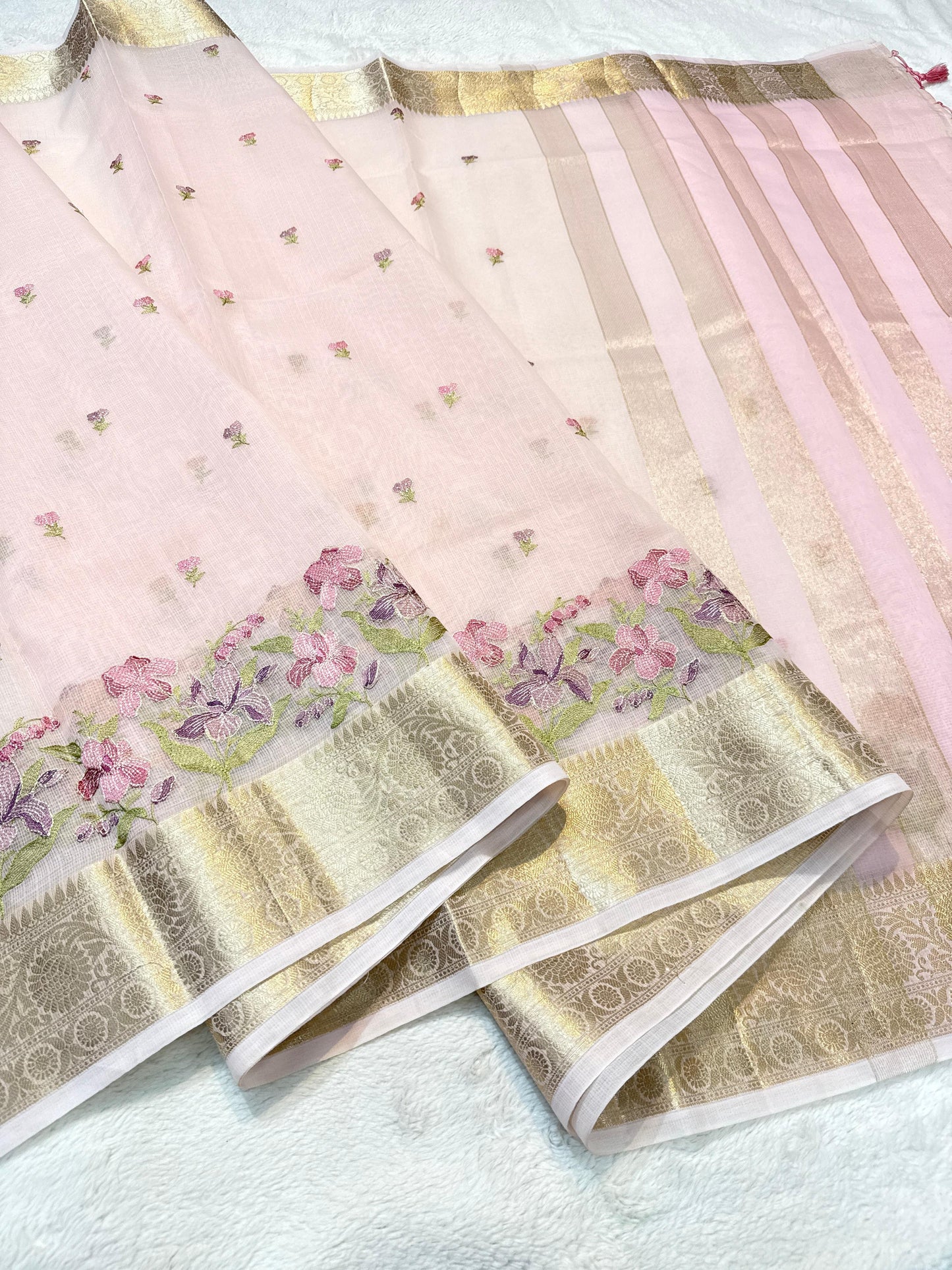 Pink Cotton Kota Designer Embroidery Premium Banarasi Saree