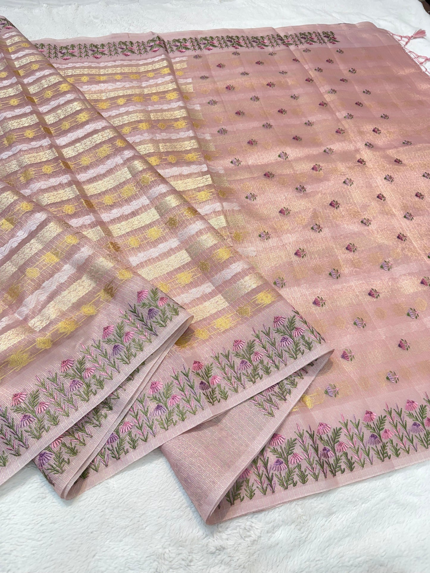 Pink Tissue Kota Designer Embroidery Premium Banarasi Saree