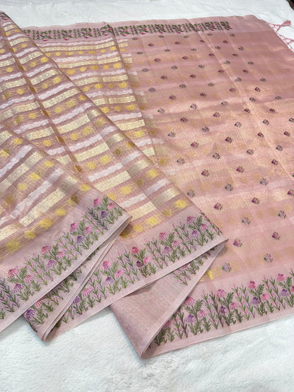 Pink Tissue Kota Designer Embroidery Premium Banarasi Saree