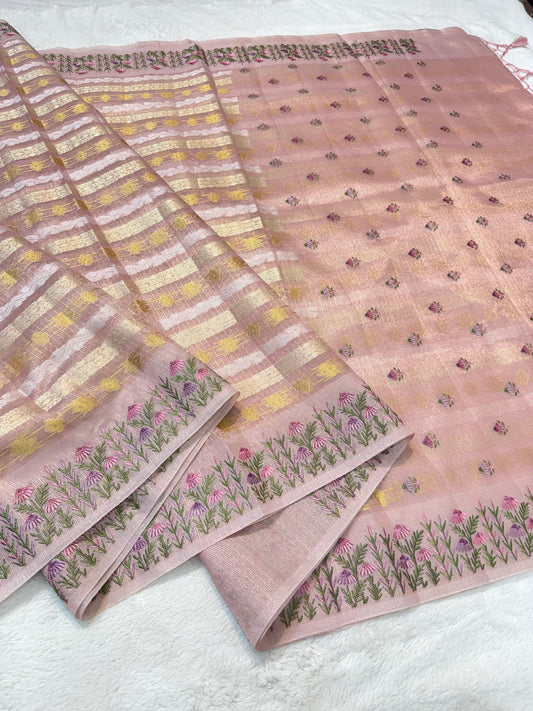 Pink Tissue Kota Designer Embroidery Premium Banarasi Saree