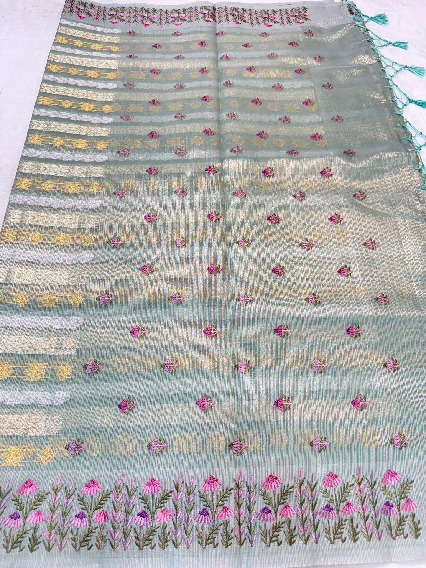 Sage Green Tissue Kota Designer Embroidery Premium Banarasi Saree