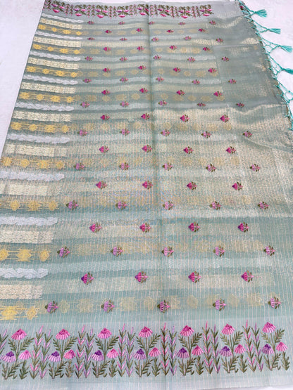 Sage Green Tissue Kota Designer Embroidery Premium Banarasi Saree
