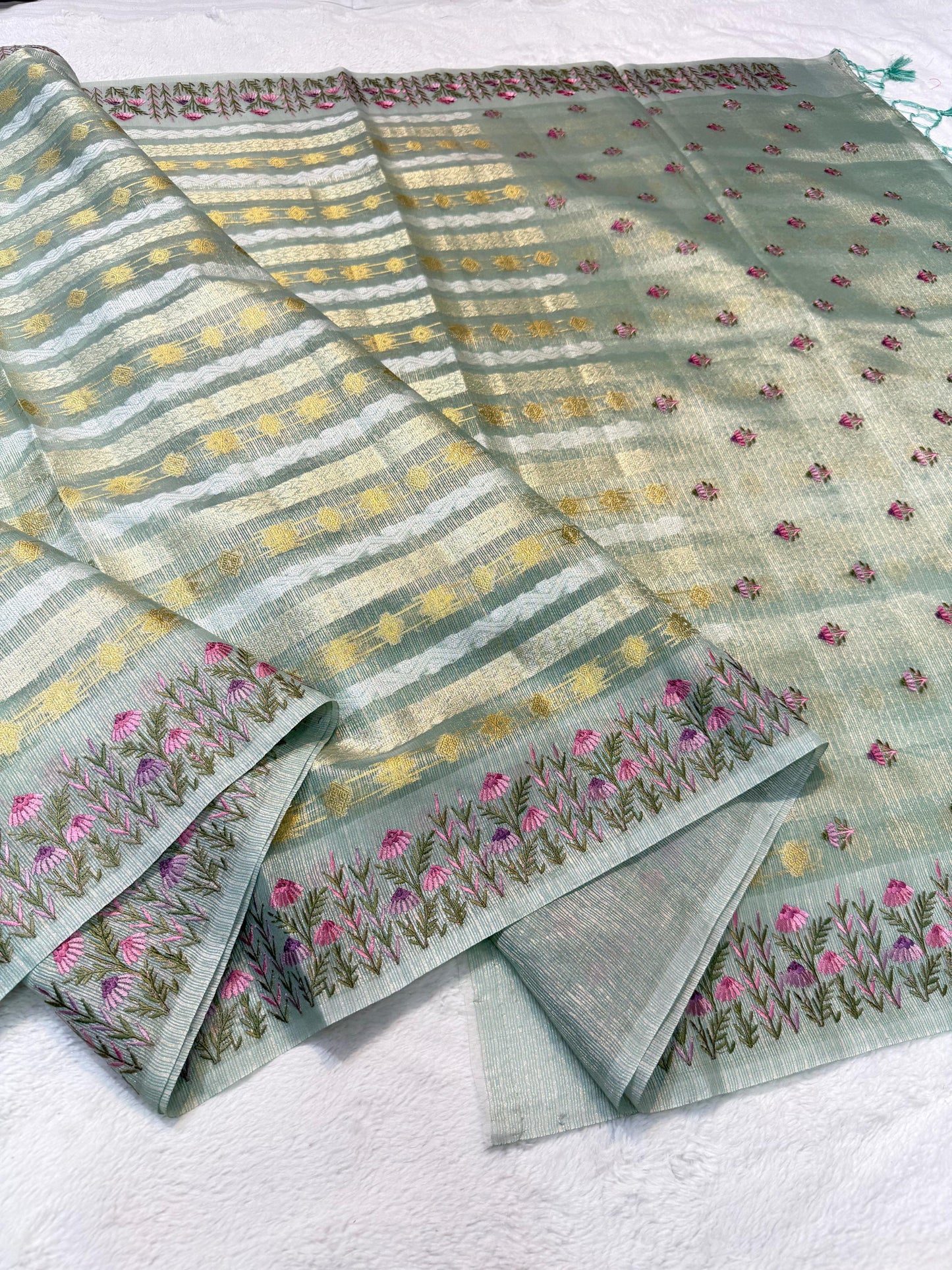 Sage Green Tissue Kota Designer Embroidery Premium Banarasi Saree