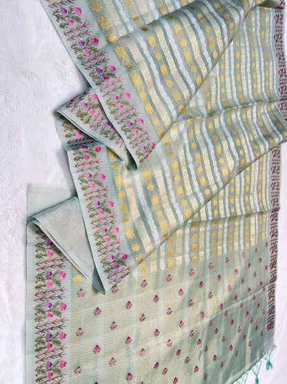 Sage Green Tissue Kota Designer Embroidery Premium Banarasi Saree