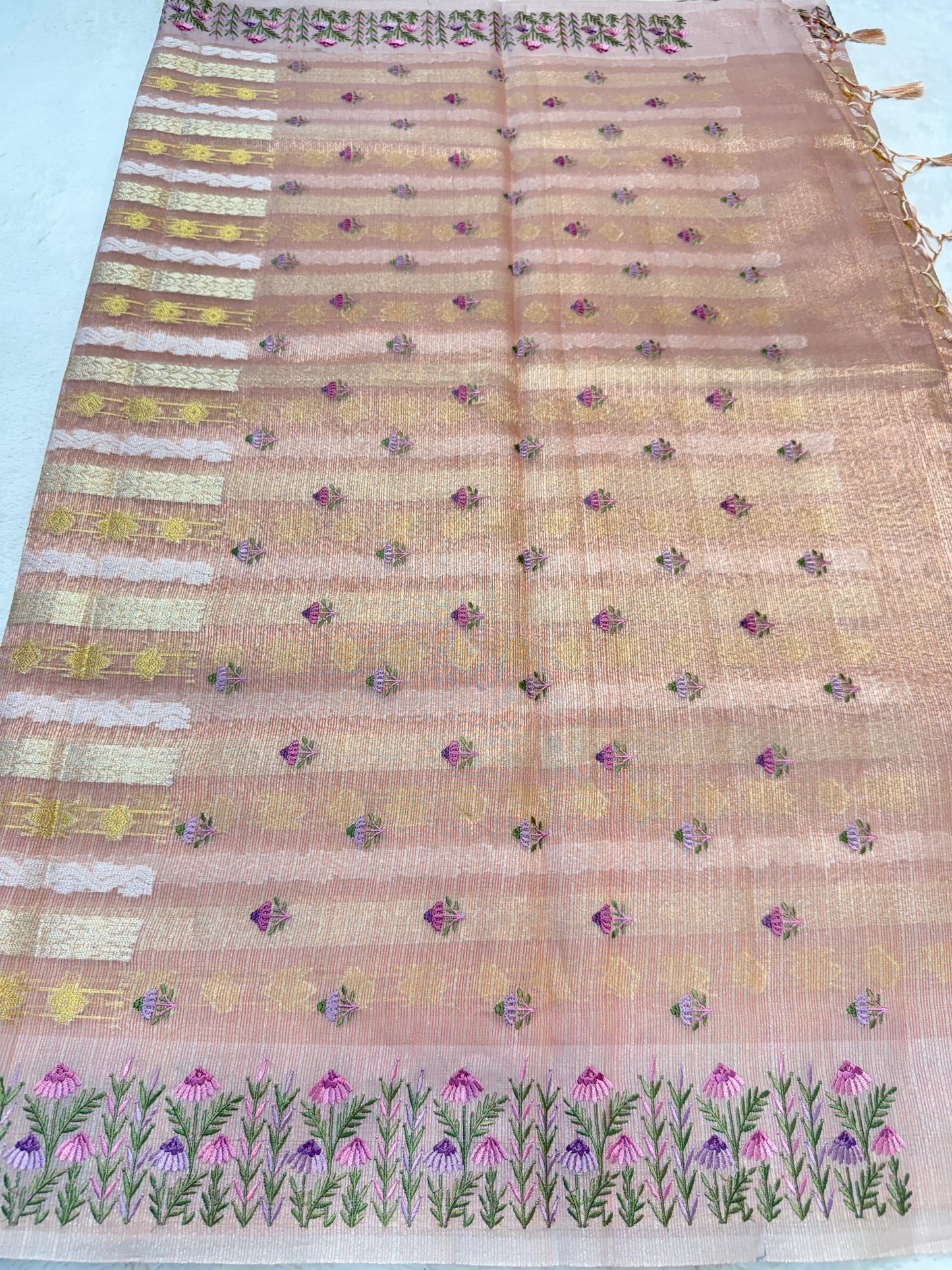 Peach Tissue Kota Designer Embroidery Premium Banarasi Saree