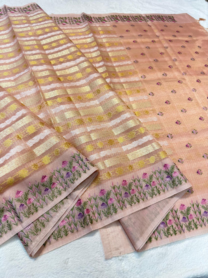 Peach Tissue Kota Designer Embroidery Premium Banarasi Saree