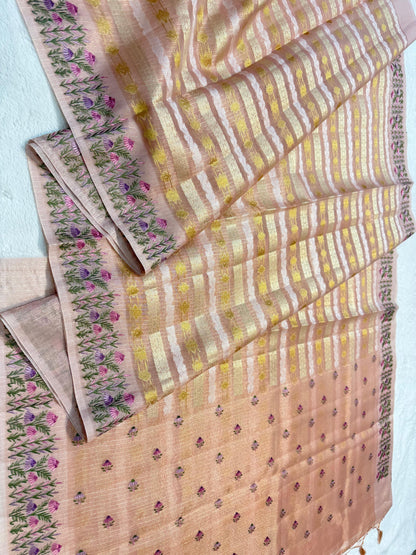 Peach Tissue Kota Designer Embroidery Premium Banarasi Saree