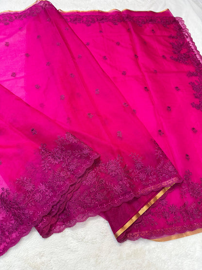 Rani Kora Organza Designer Embroidery Premium Banarasi Saree