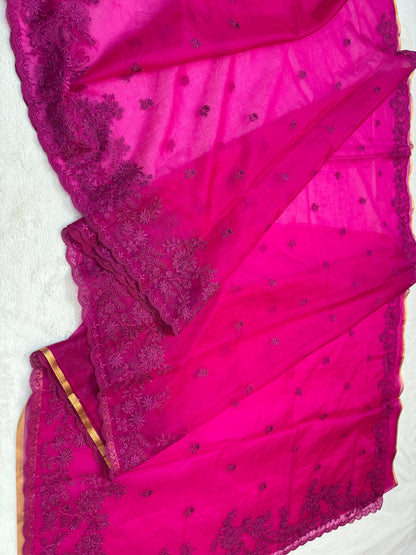 Rani Kora Organza Designer Embroidery Premium Banarasi Saree