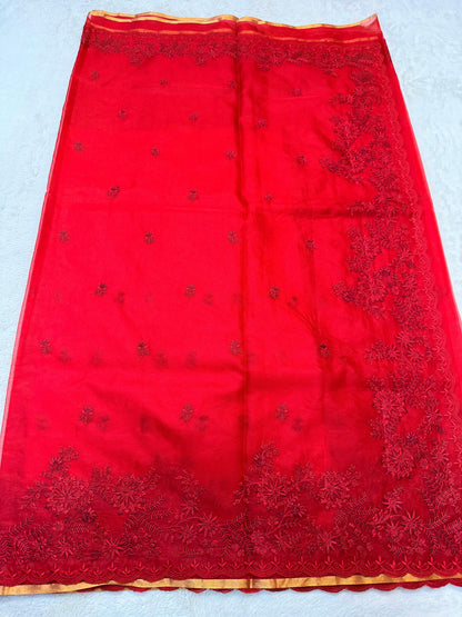 Red Kora Organza Designer Embroidery Premium Banarasi Saree
