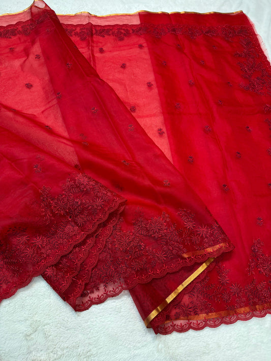 Red Kora Organza Designer Embroidery Premium Banarasi Saree