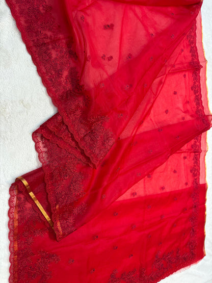 Red Kora Organza Designer Embroidery Premium Banarasi Saree