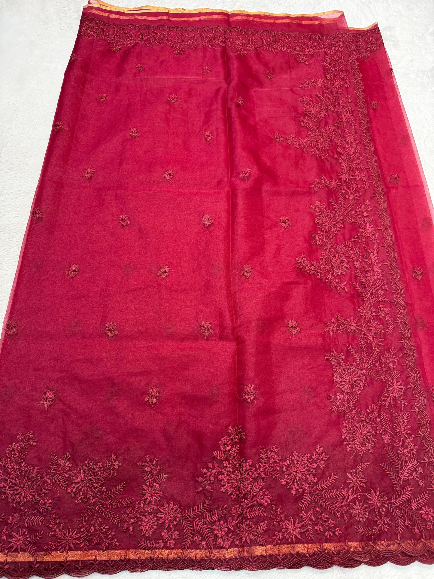 Maroon Kora Organza Designer Embroidery Premium Banarasi Saree