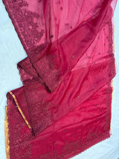 Maroon Kora Organza Designer Embroidery Premium Banarasi Saree