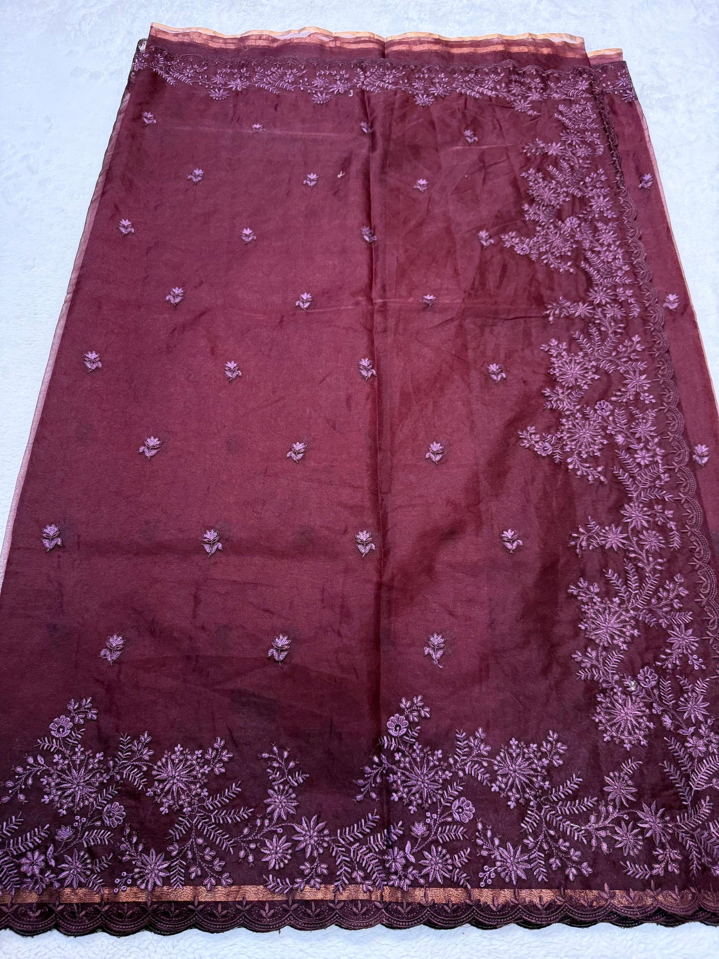 Wine Kora Organza Designer Embroidery Premium Banarasi Saree