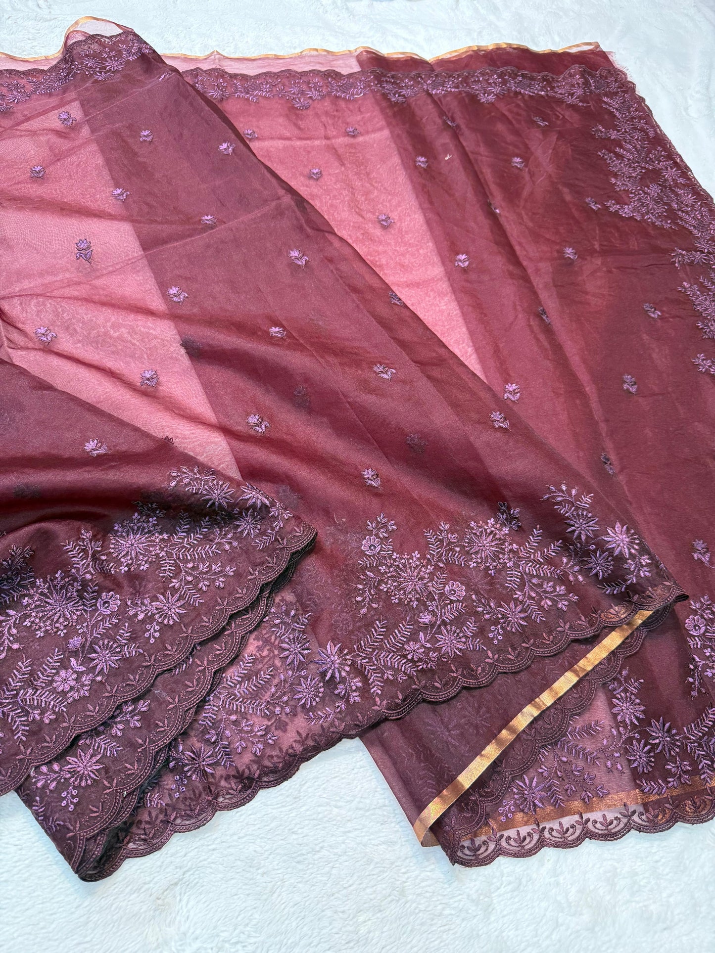 Wine Kora Organza Designer Embroidery Premium Banarasi Saree