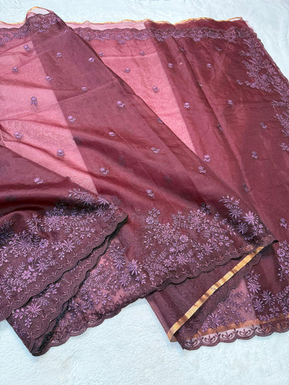 Wine Kora Organza Designer Embroidery Premium Banarasi Saree