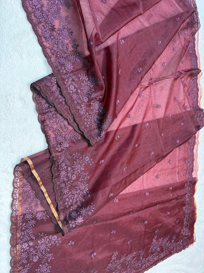 Wine Kora Organza Designer Embroidery Premium Banarasi Saree