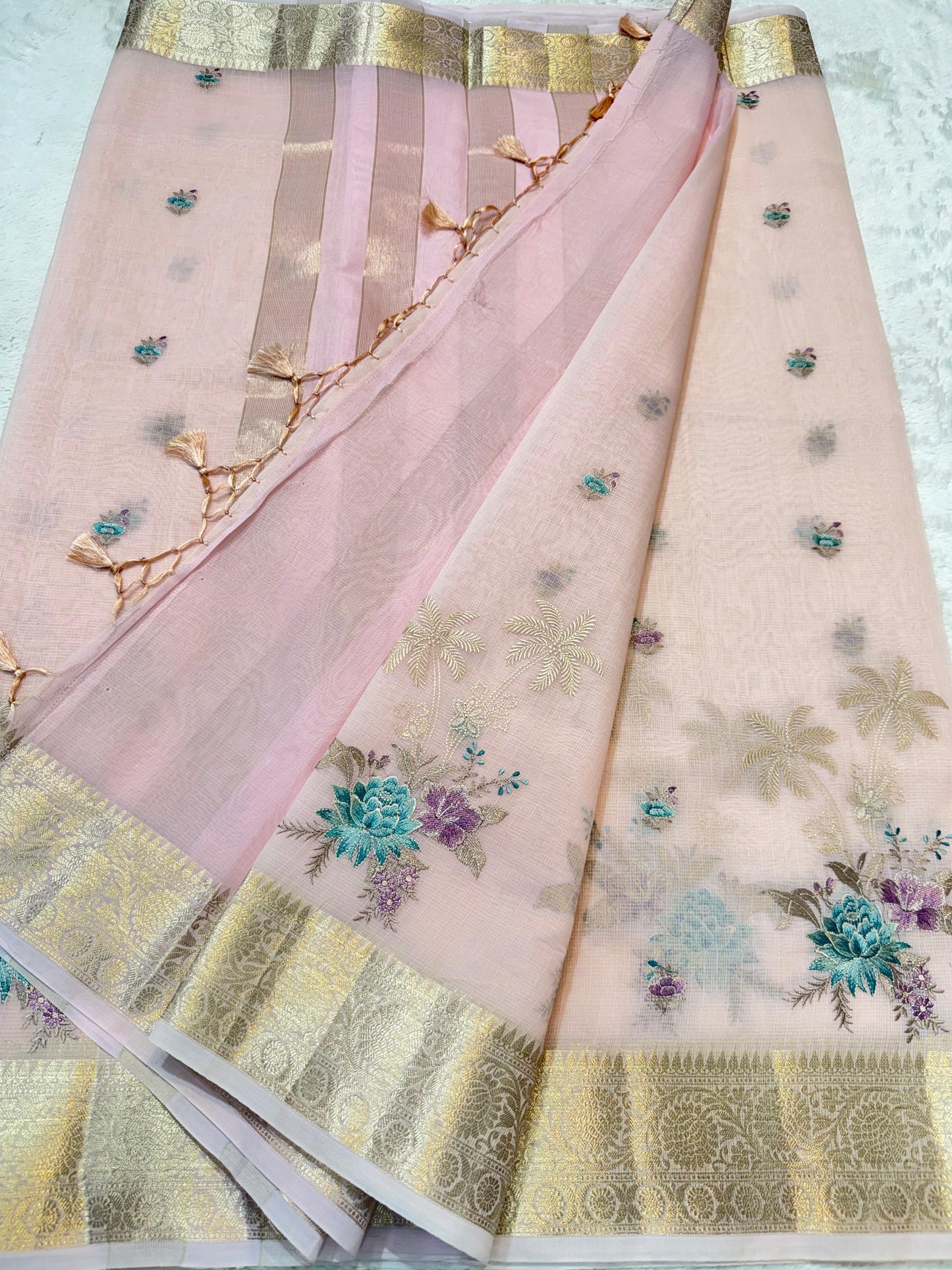 Pink Cotton Kota Designer Embroidery Premium Banarasi Saree