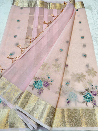 Pink Cotton Kota Designer Embroidery Premium Banarasi Saree