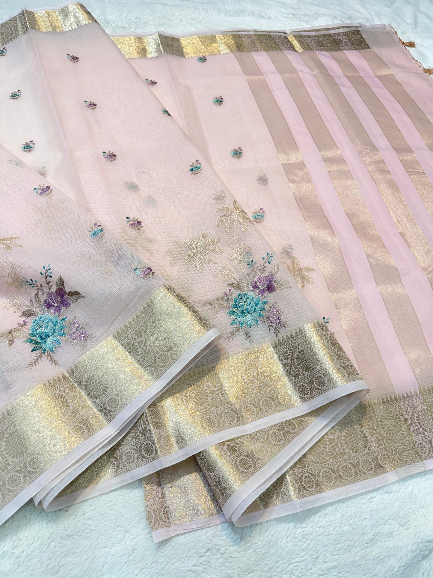 Pink Cotton Kota Designer Embroidery Premium Banarasi Saree