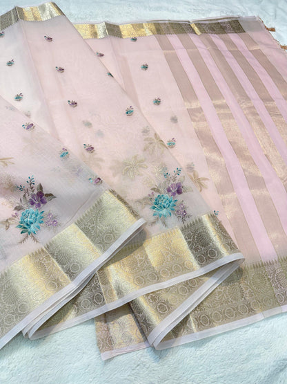 Pink Cotton Kota Designer Embroidery Premium Banarasi Saree