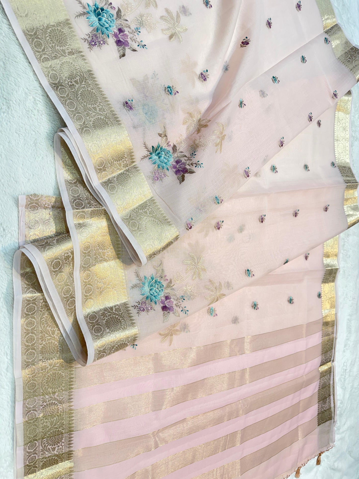 Pink Cotton Kota Designer Embroidery Premium Banarasi Saree
