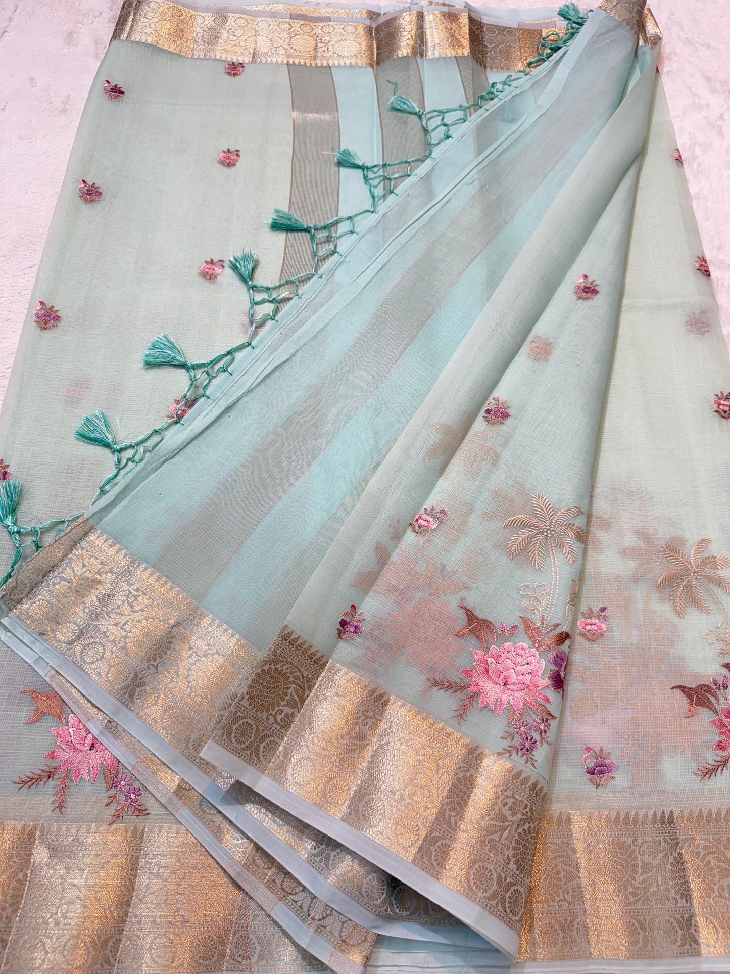 Aqua Cotton Kota Designer Embroidery Premium Banarasi Saree