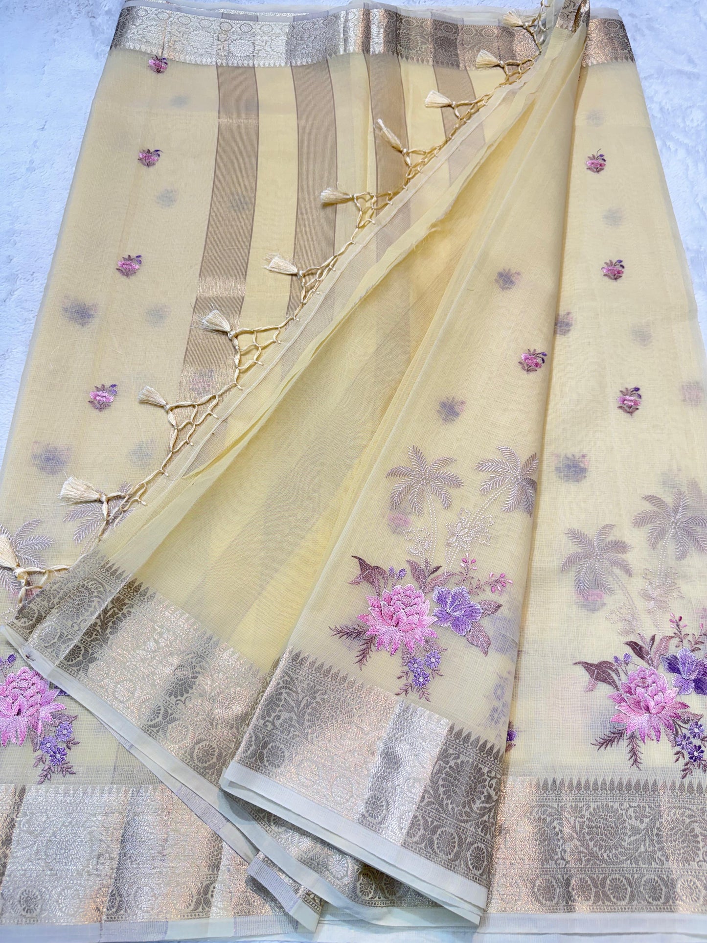 Gold Cotton Kota Designer Embroidery Premium Banarasi Saree