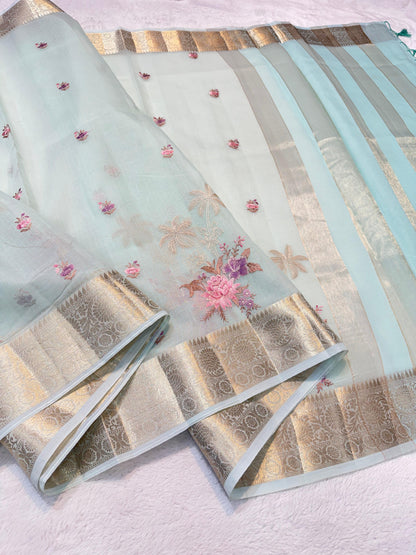 Aqua Cotton Kota Designer Embroidery Premium Banarasi Saree