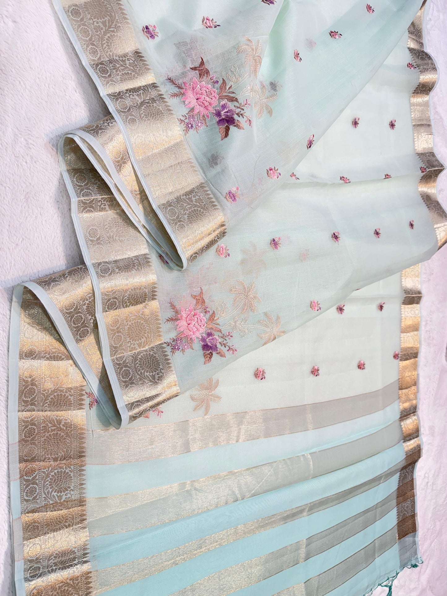 Aqua Cotton Kota Designer Embroidery Premium Banarasi Saree