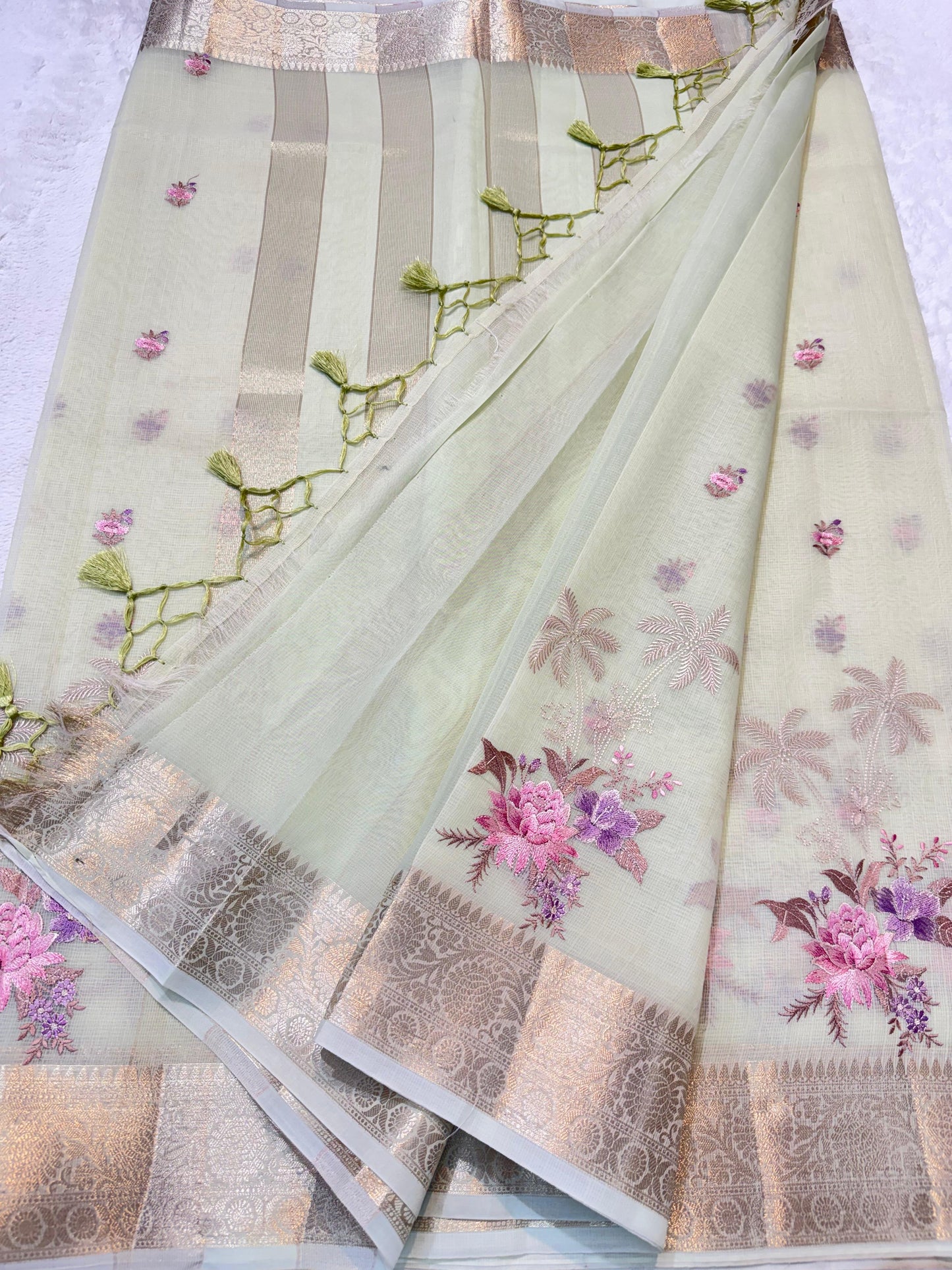 Pista Green Cotton Kota Designer Embroidery Premium Banarasi Saree