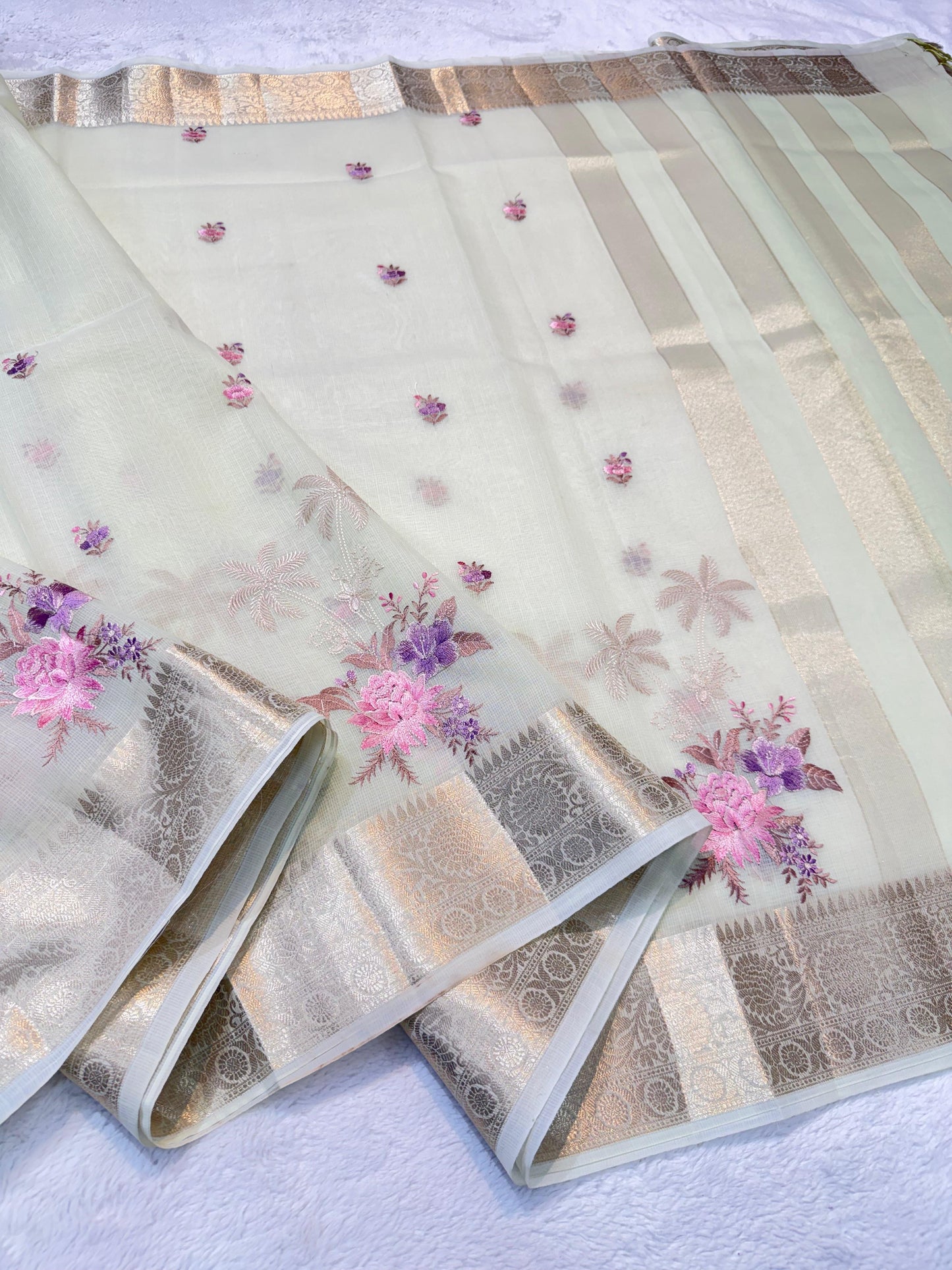 Pista Green Cotton Kota Designer Embroidery Premium Banarasi Saree