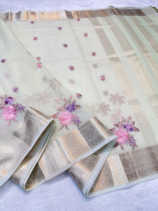 Pista Green Cotton Kota Designer Embroidery Premium Banarasi Saree