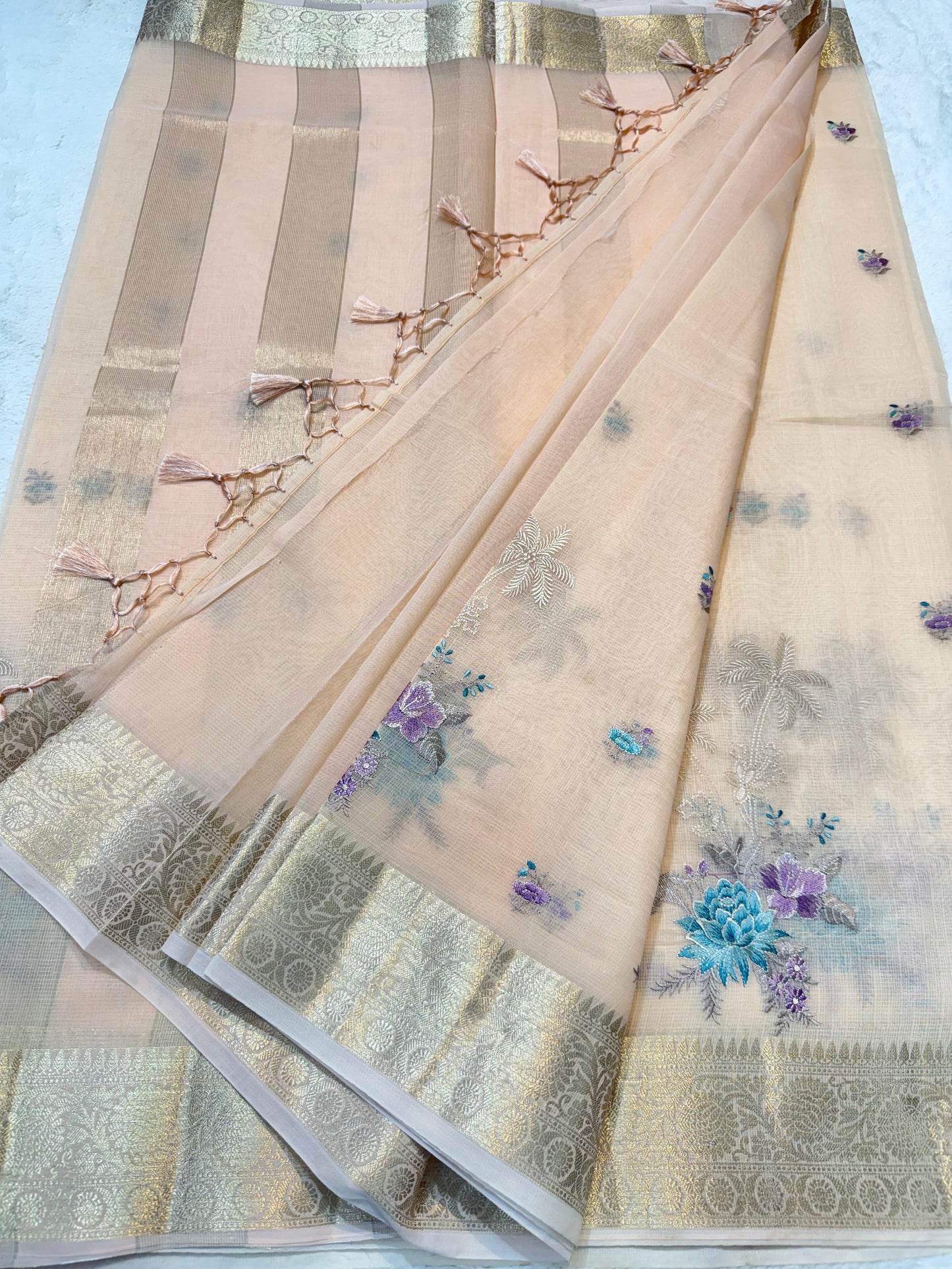 Peach Cotton Kota Designer Embroidery Premium Banarasi Saree