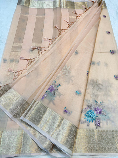 Peach Cotton Kota Designer Embroidery Premium Banarasi Saree