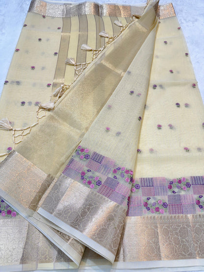 Gold Cotton Kota Designer Embroidery Premium Banarasi Saree