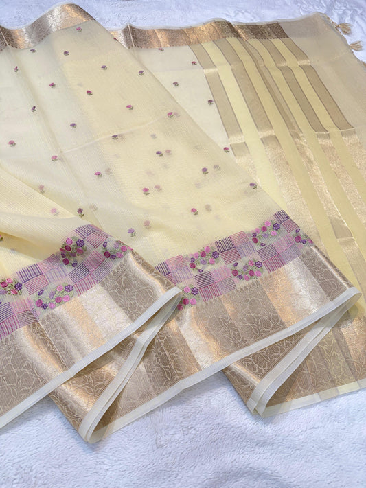 Gold Cotton Kota Designer Embroidery Premium Banarasi Saree