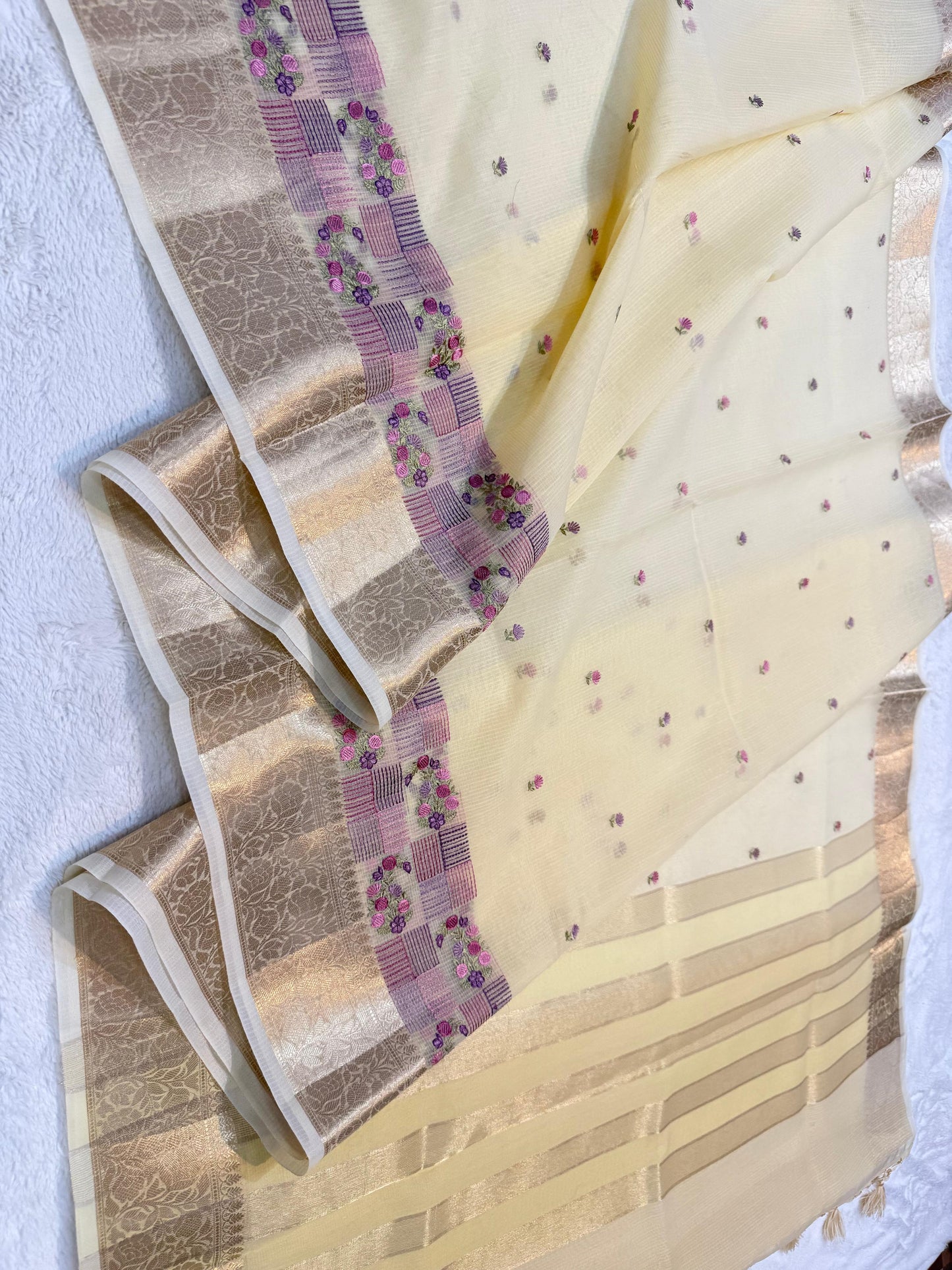 Gold Cotton Kota Designer Embroidery Premium Banarasi Saree