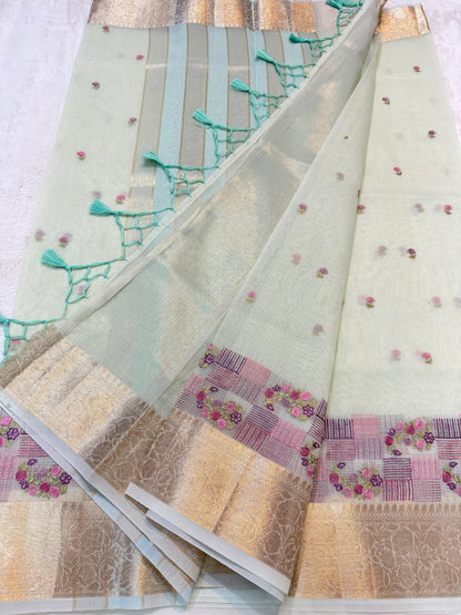 Sea Green Cotton Kota Designer Embroidery Premium Banarasi Saree